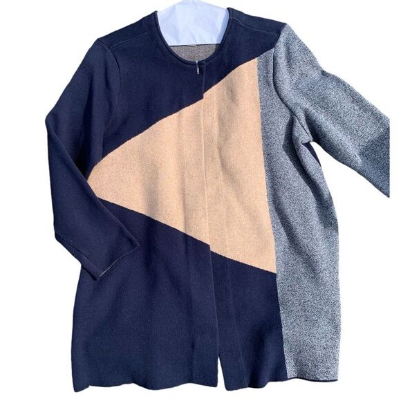 Chico’s Colorblock Navy Gray Tan Open Sweater Jacket Size 3 (Chico’s size) or XL - Picture 1 of 3